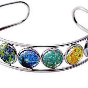Van Gogh Art Cuff Bracelet Handmade Glass Dome Jewelry Womens Gift